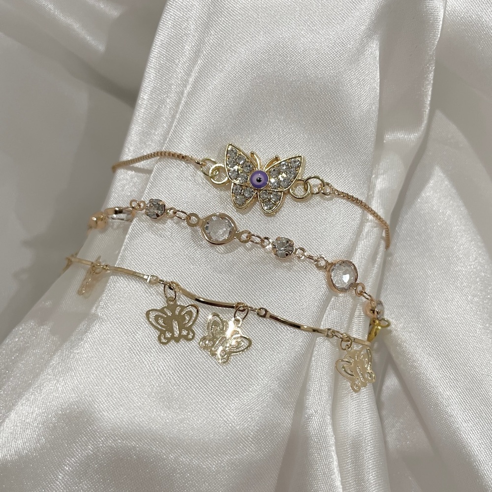 Handmade Gold Evil-eye Butterfly stacked chain bracelets